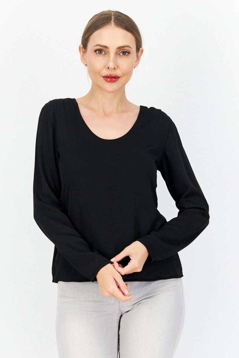 Zero بلوزة نسائية بأكمام طويلة على شكل حرف U، سوداء - Image 1